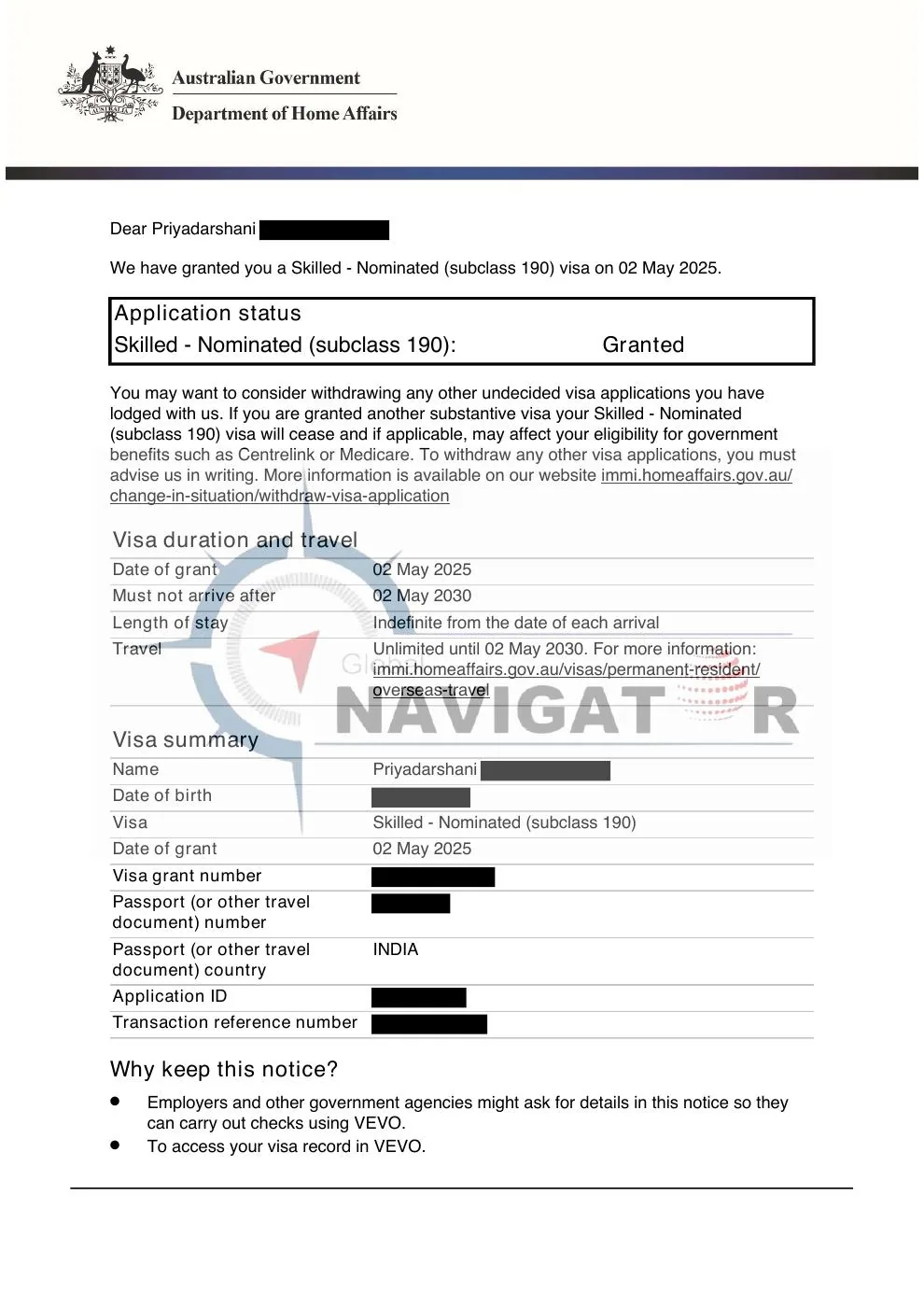 Australian subclass 190 nomination document preview