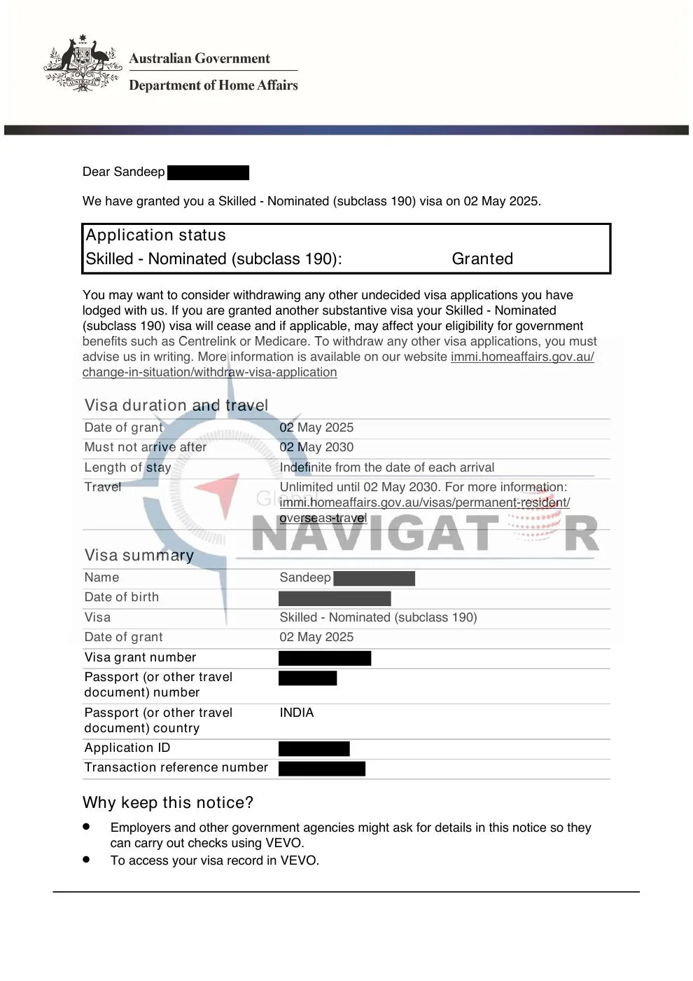 Australian subclass 190 nomination document preview