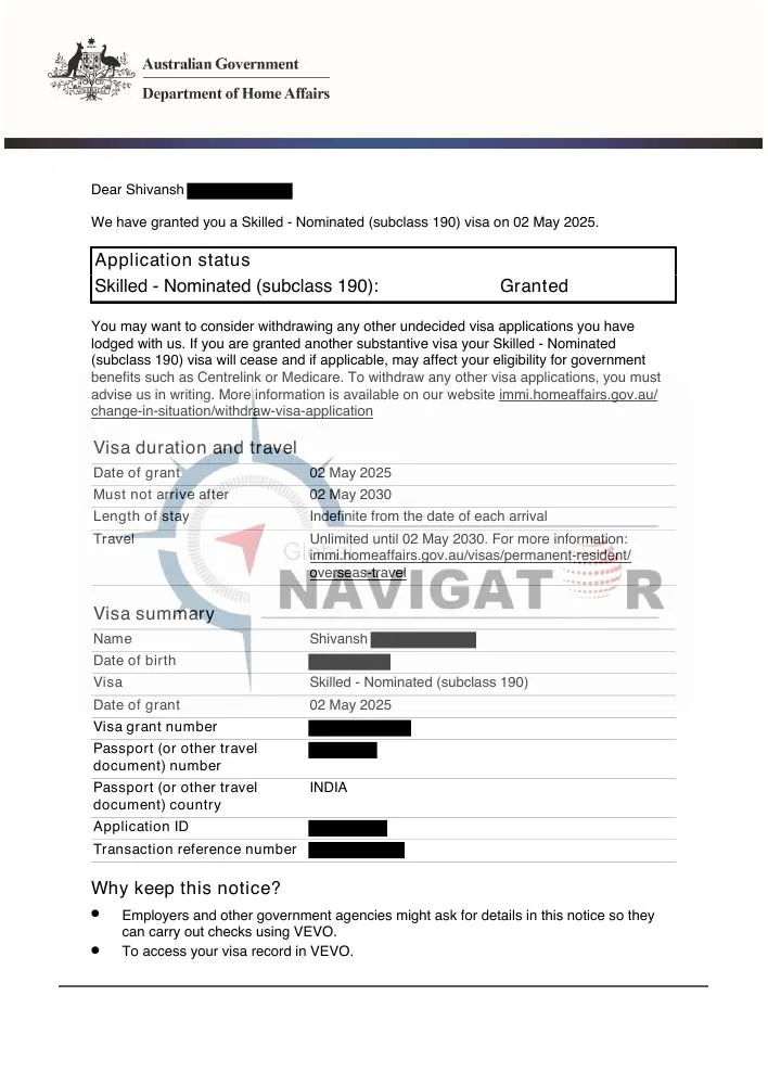 Australian subclass 190 nomination document preview