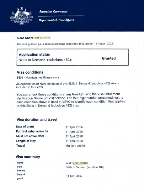 Australian subclass 482 grant notification preview
