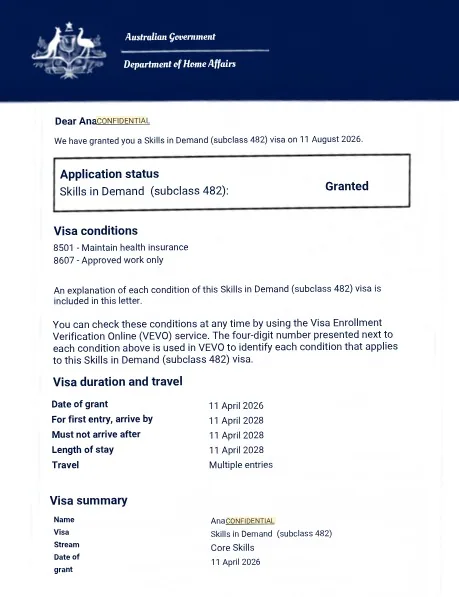 Australian subclass 482 grant notification preview