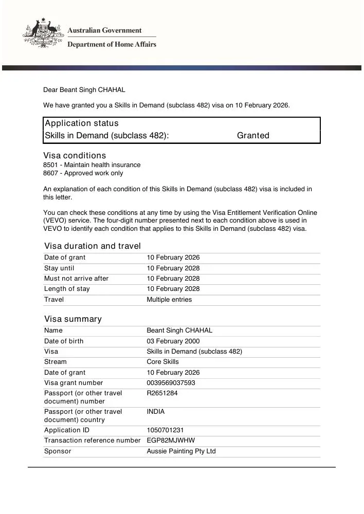 Australian subclass 482 grant notification preview