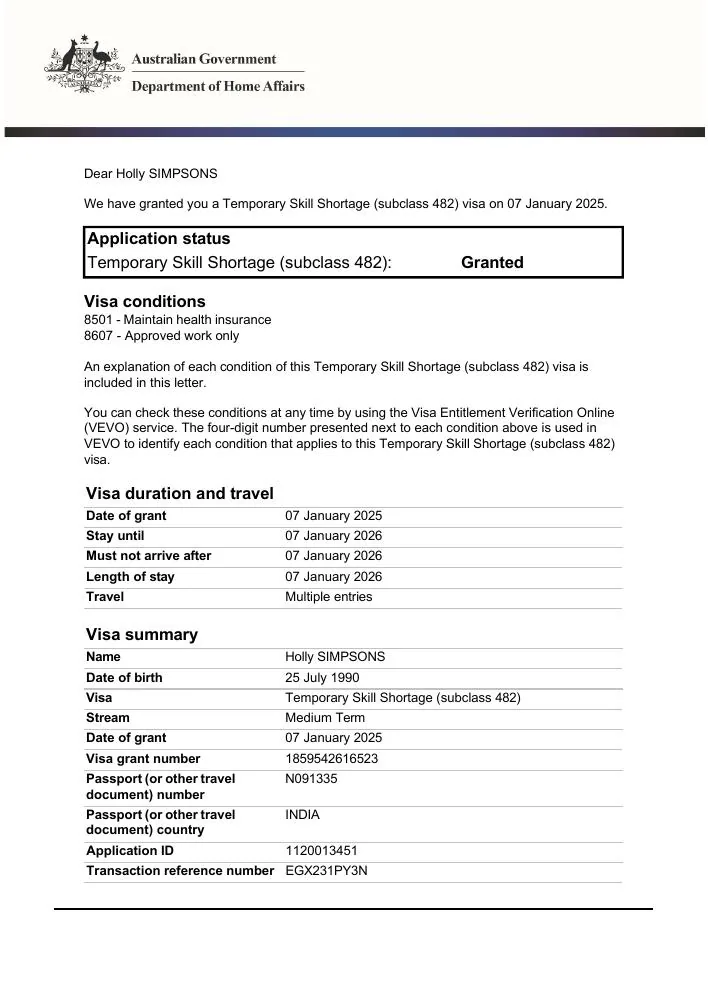Australian subclass 482 grant notification preview