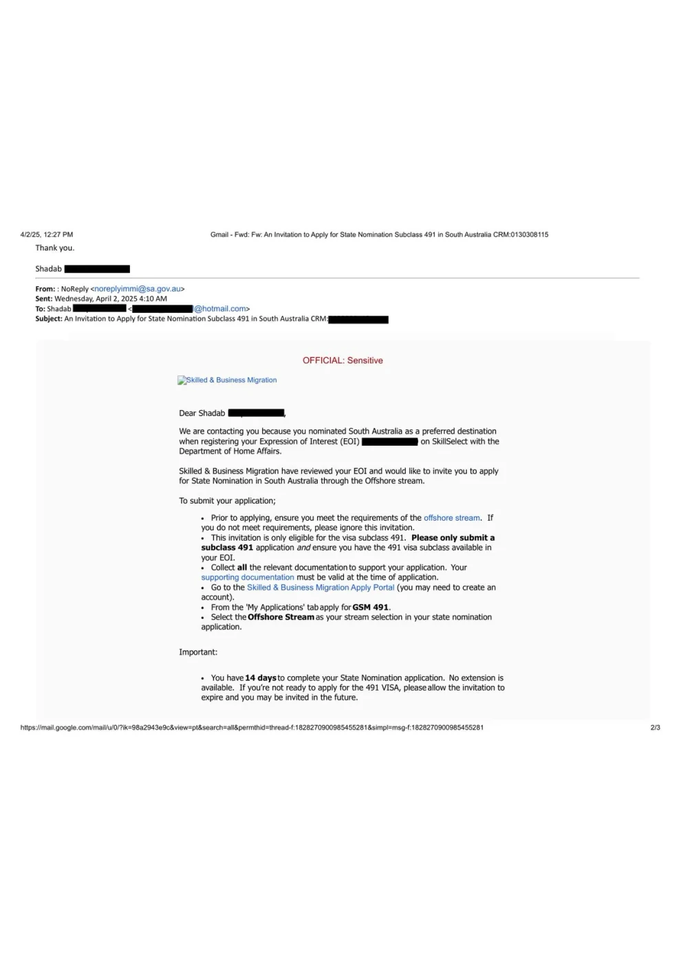South Australia subclass 491 state nomination invitation preview