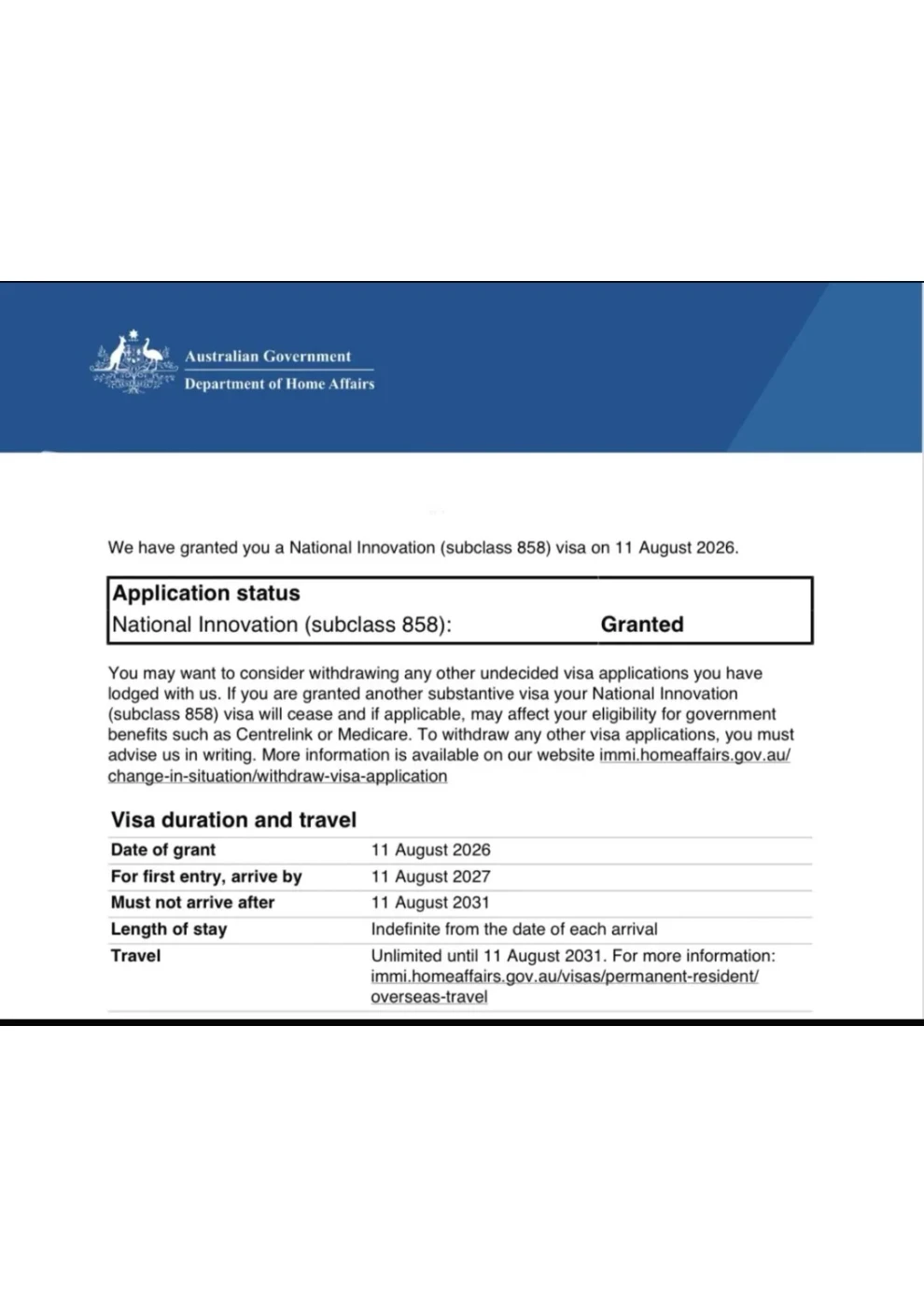 Australian Department of Home Affairs National Innovation visa grant preview