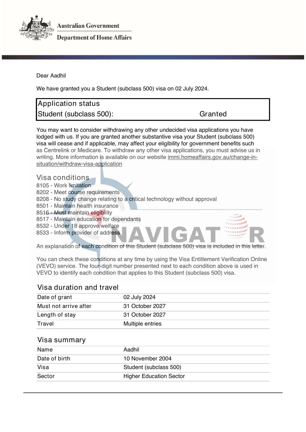 Australian student visa case document preview