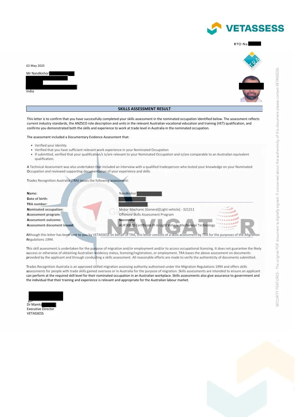 VETASSESS Motor Mechanic skills assessment document preview