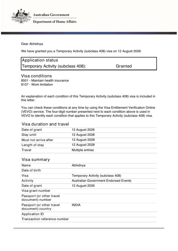 Australian visa grant notification document preview