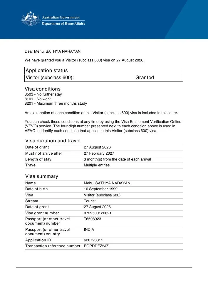 Australian visa grant notification document preview