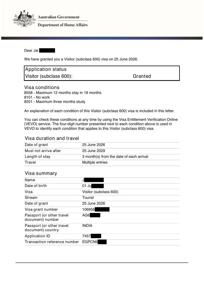 Australian visit visa document preview