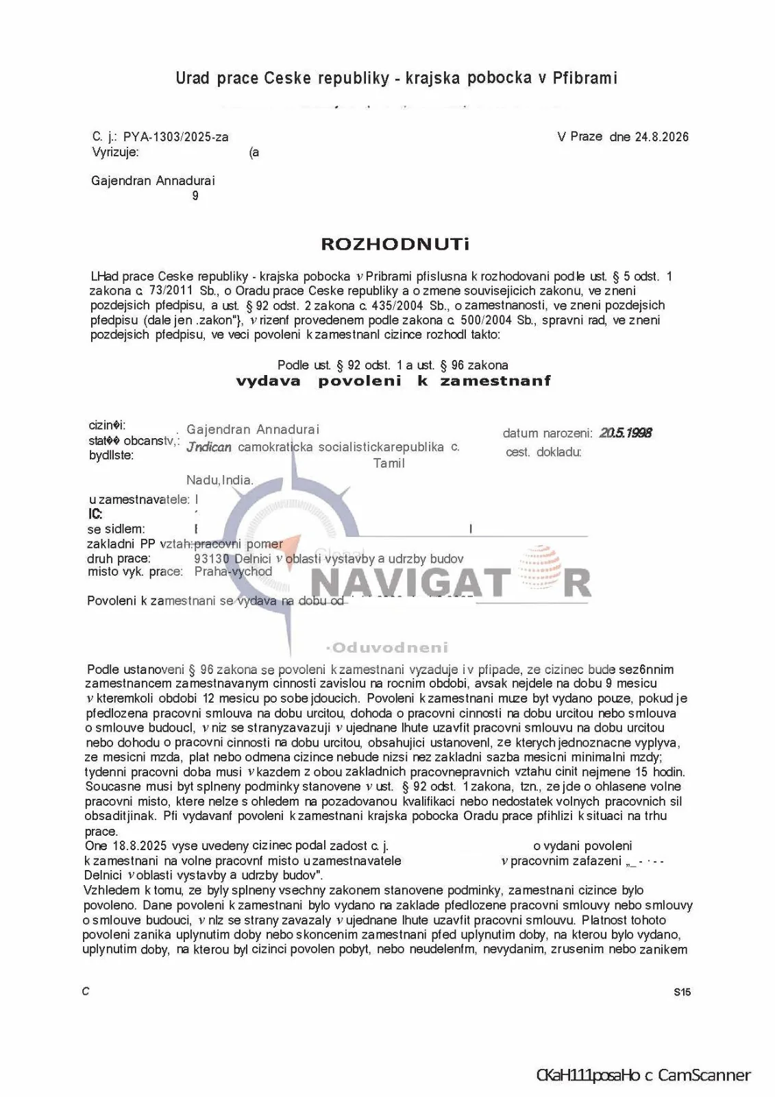 Czech Republic employment permit document preview