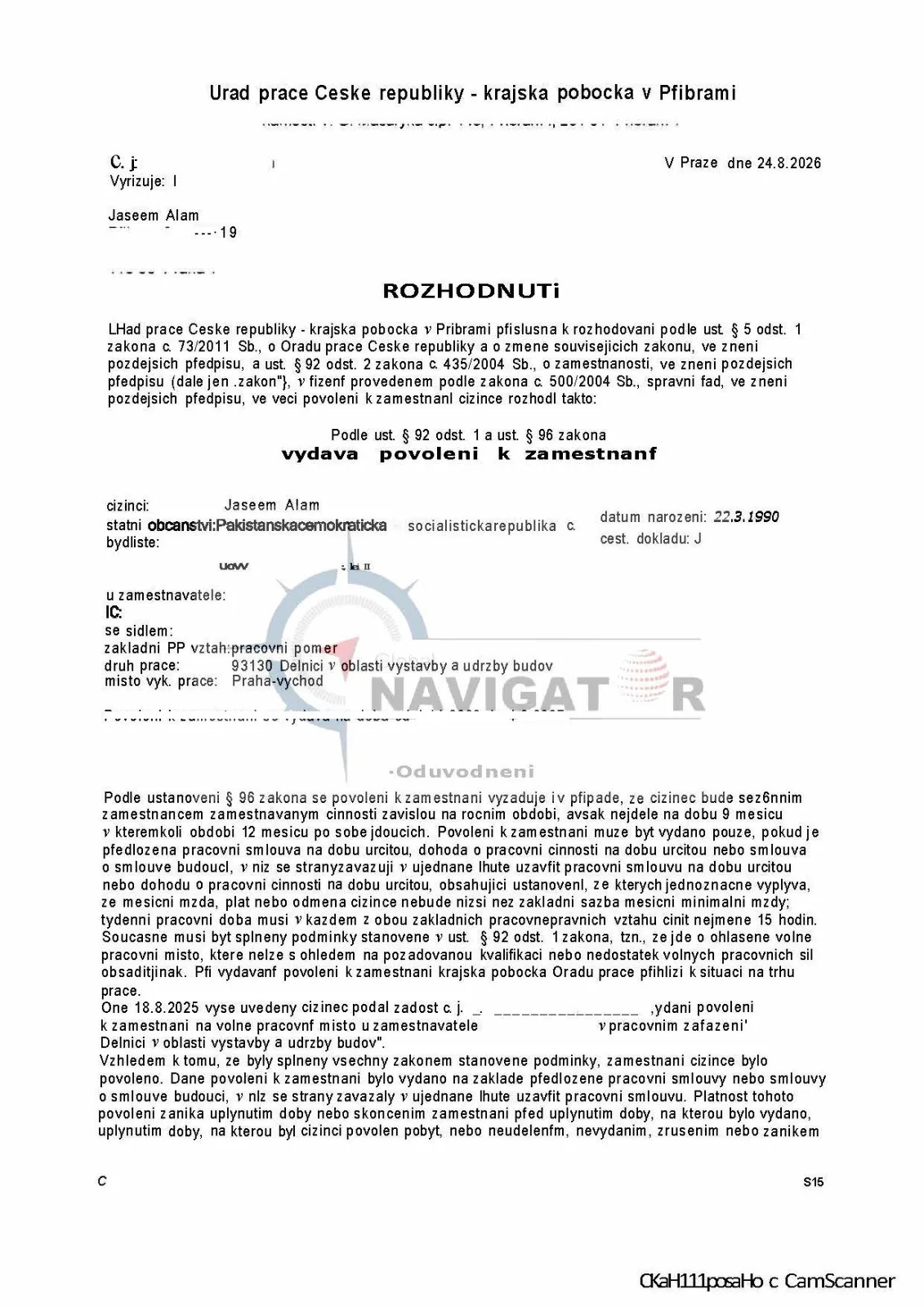 Czech Republic employment permit document preview