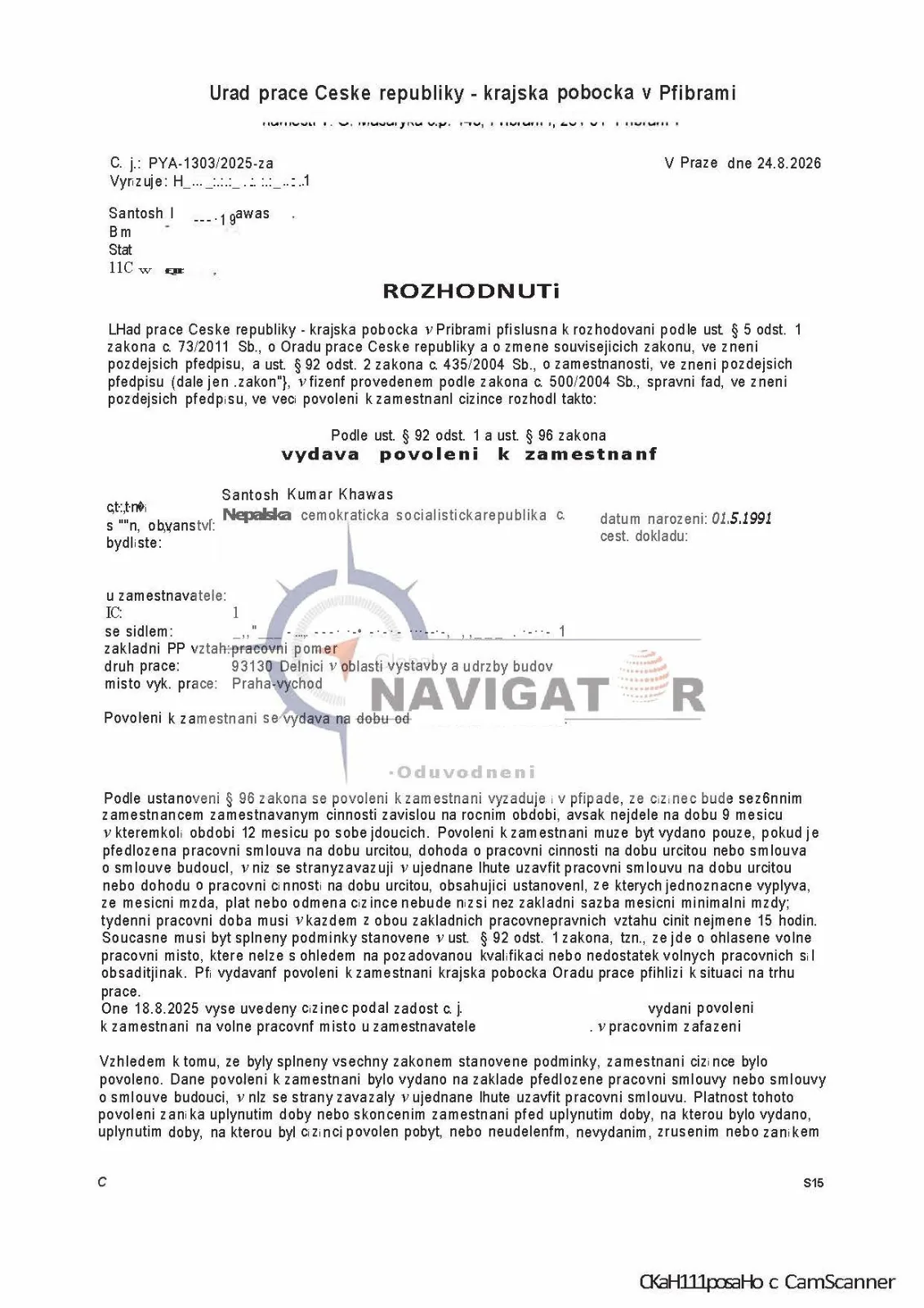 Czech Republic employment permit document preview