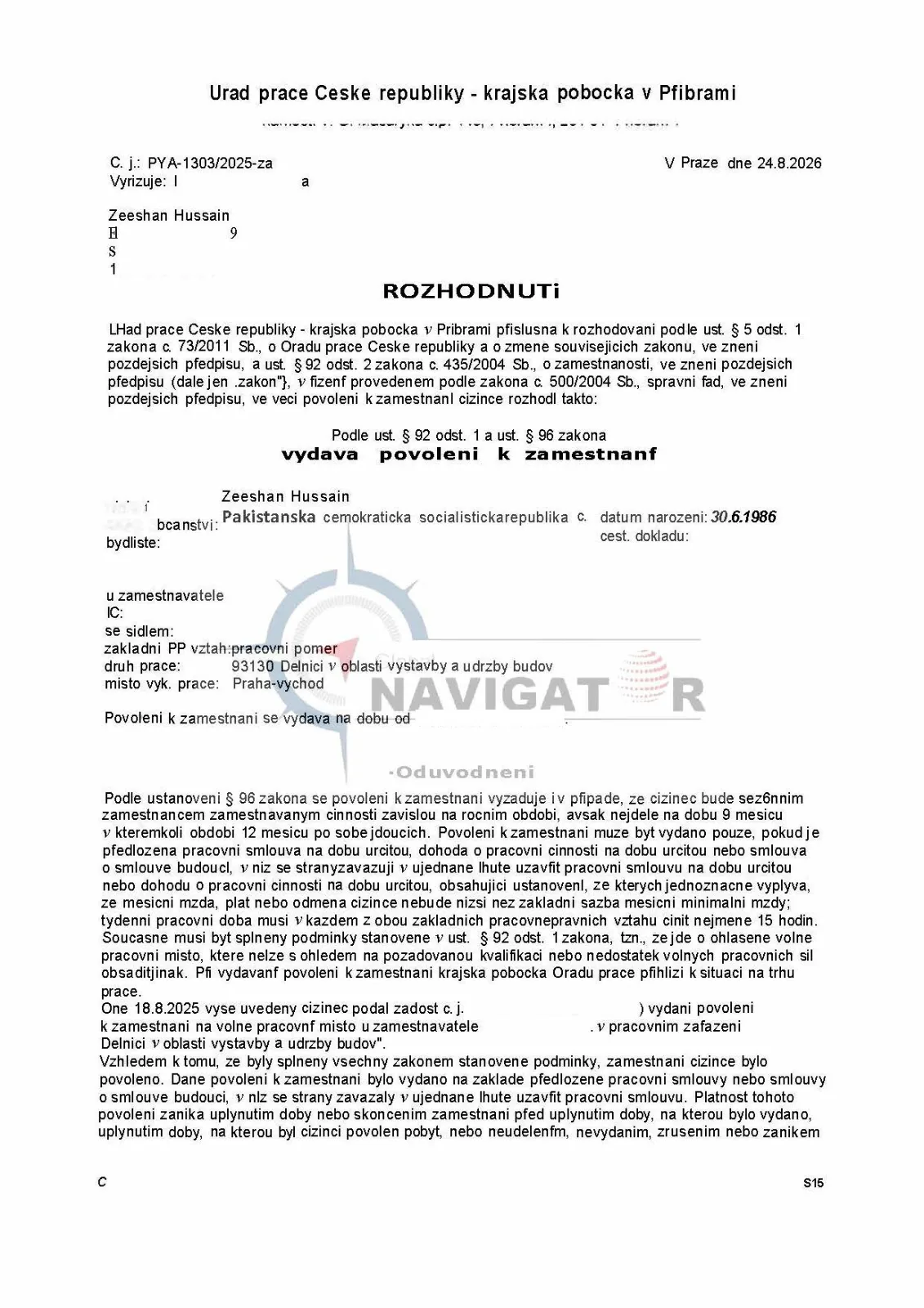 Czech Republic employment permit document preview